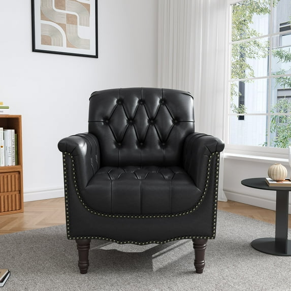 UIXE Faux Leather Accent Chair for Living Room, Tufted Arm Chair Retro Upholstered Club Armchair with Solid Wood Legs, Blue Black