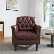 UIXE Faux Leather Accent Chair for Living Room, Tufted Arm Chair Retro Upholstered Club Armchair with Solid Wood Legs, Dark Red