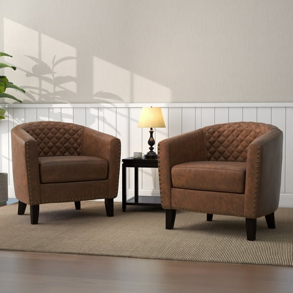 UIXE Accent Chairs Modern Upholstered Armchair Comfy Faux Leather Single Sofa, Brown, Set of 2