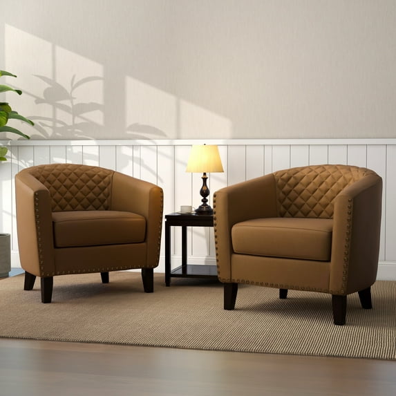 UIXE Accent Chairs Modern Upholstered Armchair Comfy Faux Leather Single Sofa, Coffee, Set of 2