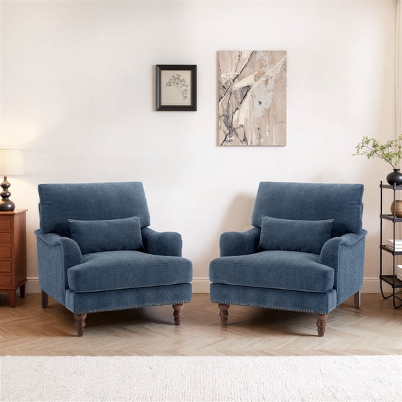 UIXE Accent Chairs Set of 2, Chenille Upholstered Armchair for Living Room, Comfy Arm Chair Single Sofa Bedroom Retro Reading Seat with Solid Wood Legs - Navy