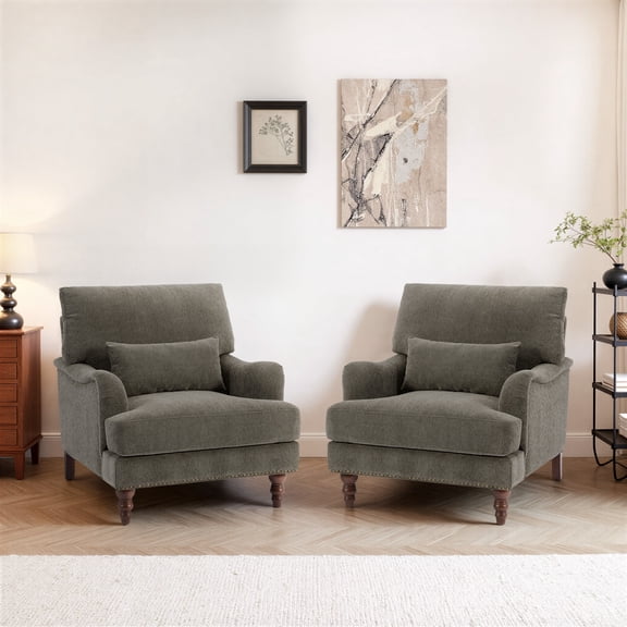 UIXE Accent Chairs Set of 2, Chenille Upholstered Armchair for Living Room, Comfy Arm Chair Single Sofa Bedroom Retro Reading Seat with Solid Wood Legs - Tan