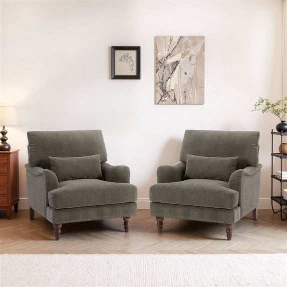 UIXE Accent Chairs Set of 2, Chenille Upholstered Armchair for Living Room, Comfy Arm Chair Single Sofa Bedroom Retro Reading Seat with Solid Wood Legs - Tan