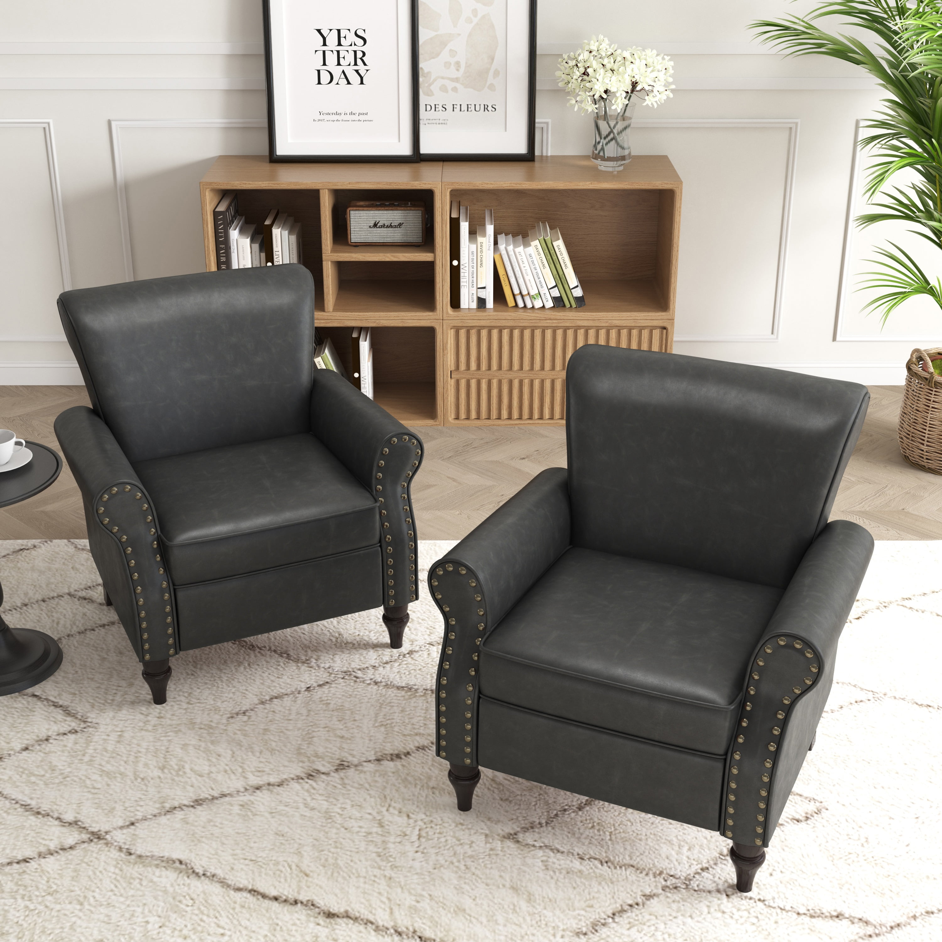 Black Faux Leather Barrel Accent Chair with Wood Legs