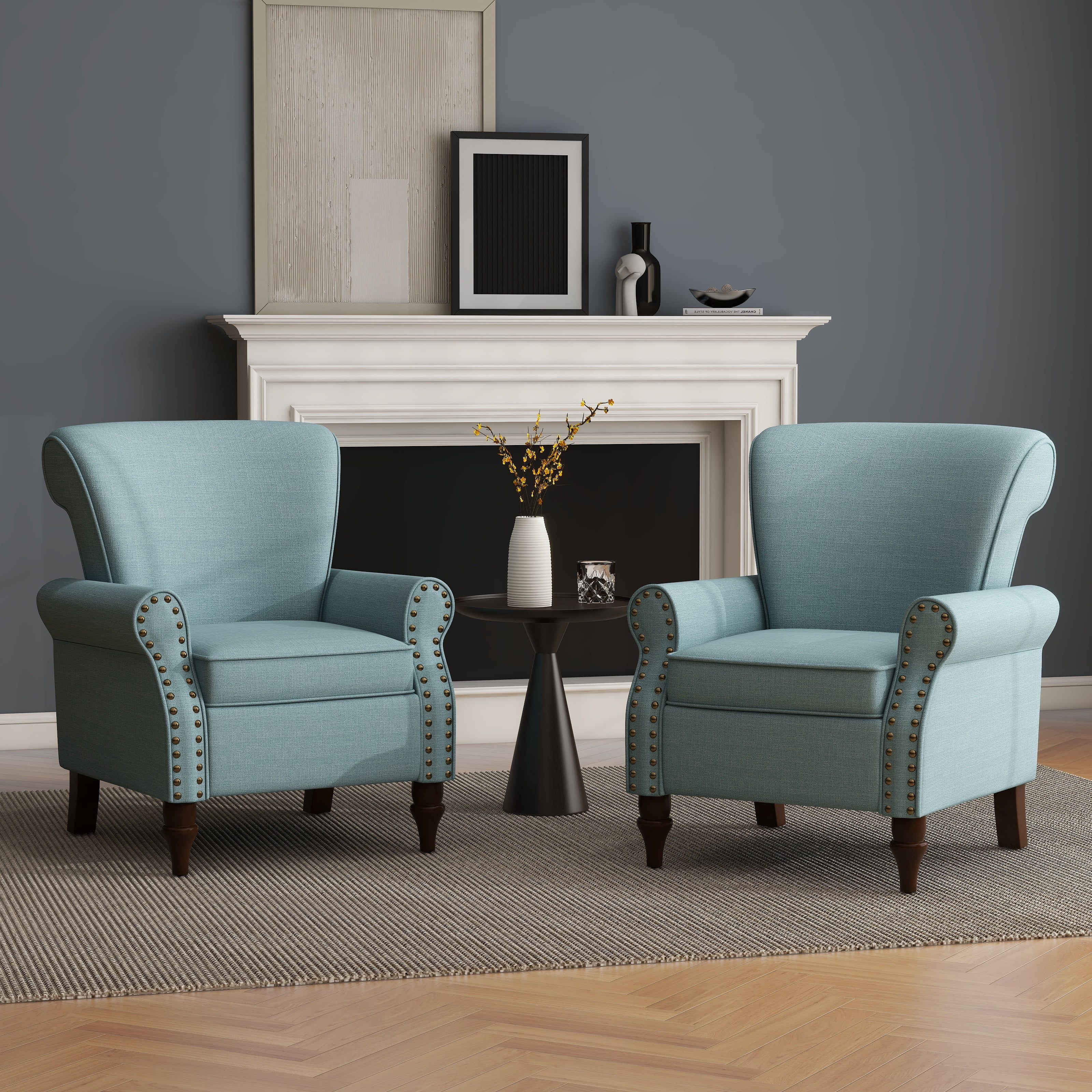 UIXE Accent Chairs Set of 2 Upholstered Armchair Linen Fabric Modern Arm Chair Comfy Single Sofa for Living Room, Light Blue