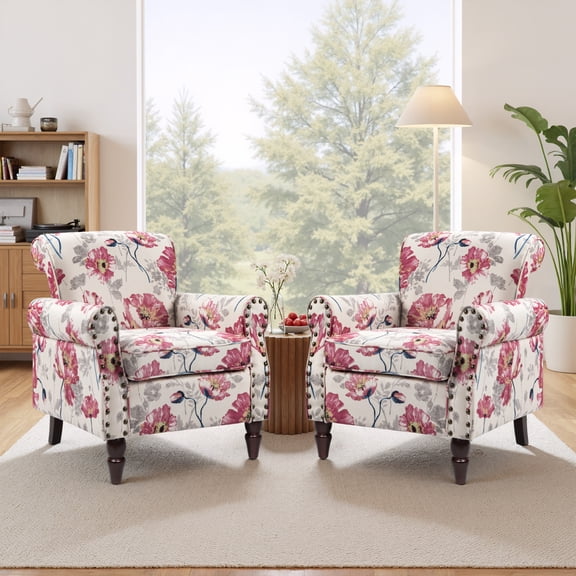 UIXE Floral Pattern Accent Chairs Set of 2 Upholstered Arm Chair Linen Fabric Armchair for Living Room, Pattern White