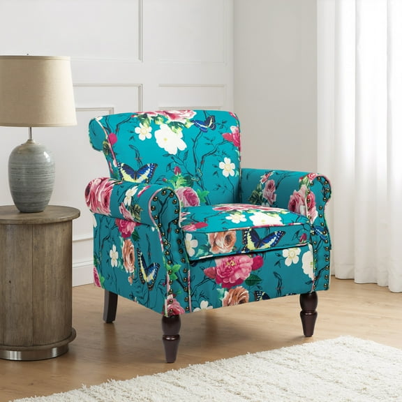 UIXE Floral Pattern Accent Chairs Upholstered Arm Chair Linen Fabric Armchair for Living Room, Pattern Blue