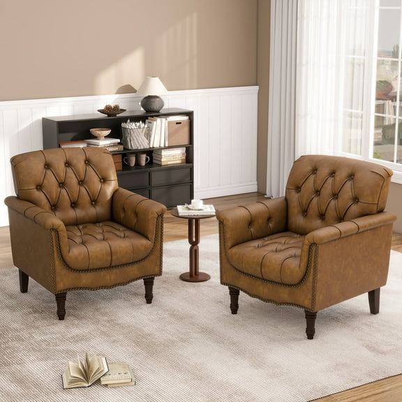 UIXE Faux Leather Accent Chairs Set of 2, Comfy Club Chair Upholstered Armchair for Living Room, Camel