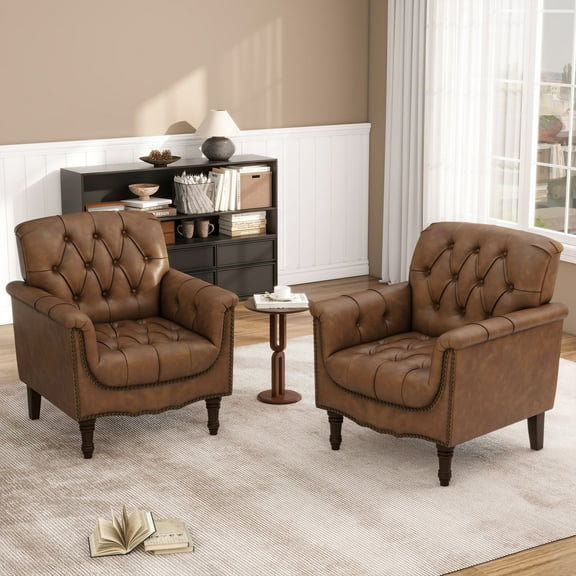 UIXE Faux Leather Accent Chairs Set of 2, Comfy Club Chair Upholstered Armchair for Living Room, Brown