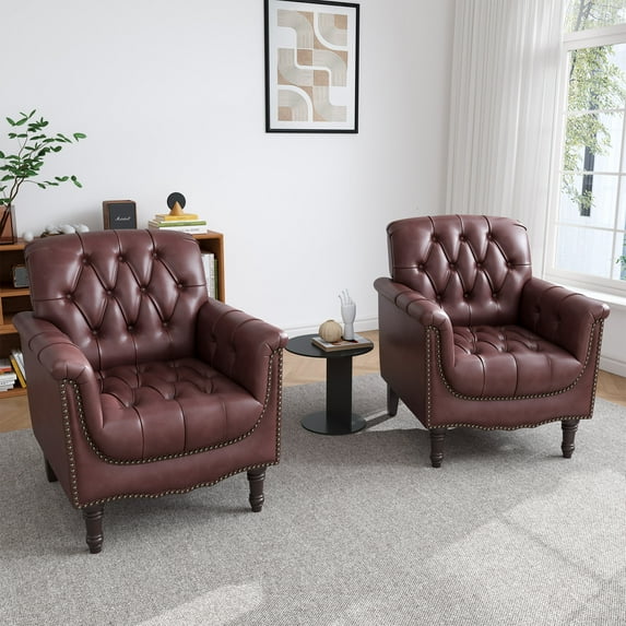 UIXE Faux Leather Accent Chair for Living Room, Tufted Arm Chair Retro Upholstered Club Armchair with Solid Wood Legs - Dark Red, Set of 2