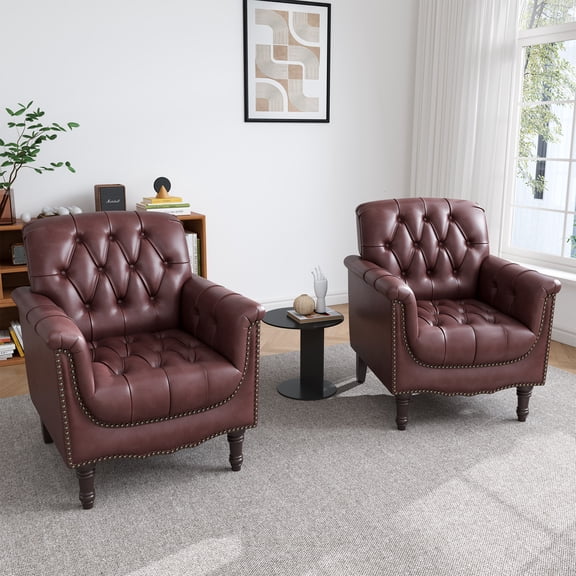 UIXE Faux Leather Accent Chair for Living Room, Tufted Arm Chair Retro Upholstered Club Armchair with Solid Wood Legs - Dark Red, Set of 2