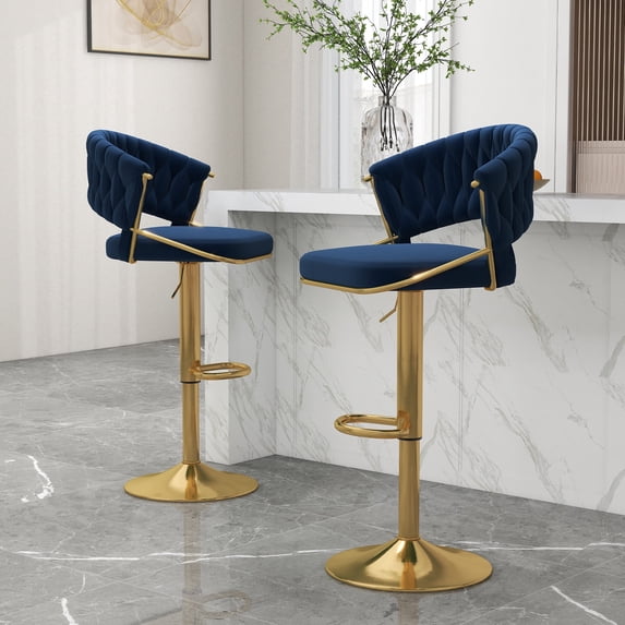 UIXE Adjustable Bar Stools Set of 2 Modern High Back Swivel Barstool for Kitchen Counter Square Island, Velvet Navy
