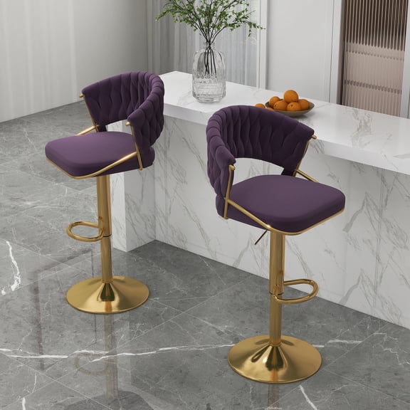 UIXE Adjustable Bar Stools Set of 2 Modern High Back Swivel Barstool for Kitchen Counter Square Island, Velvet Purple