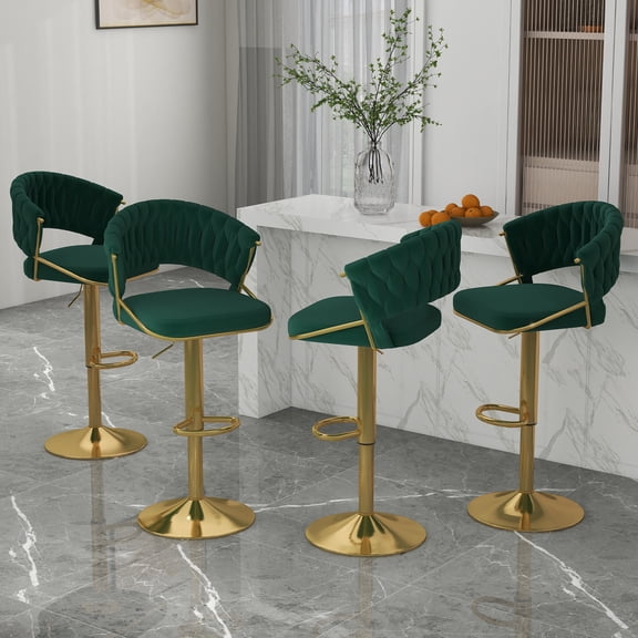 UIXE Adjustable Bar Stools Set of 4 Modern High Back Swivel Barstool for Kitchen Counter Square Island, Velvet Green