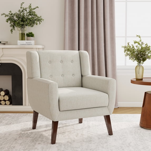 UIXE Beige Accent Chair, Linen Fabric Armchair for Living Room, Tufted Armrest Reading Seat