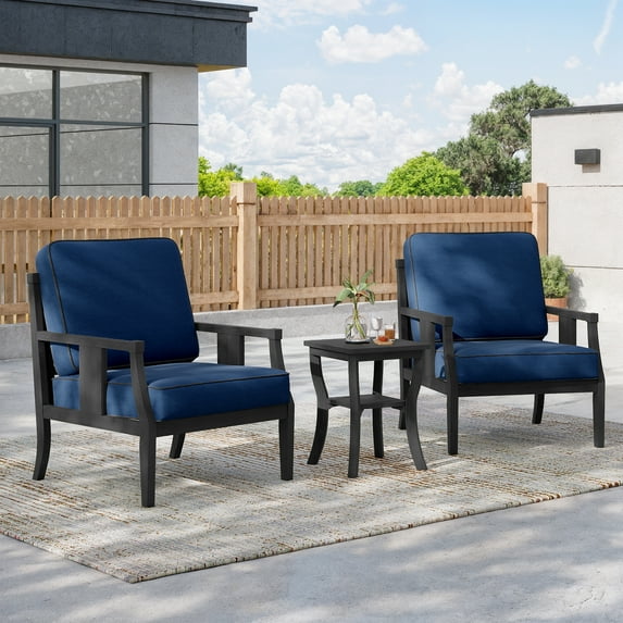 UIXE Black Wood Outdoor Chairs Patio Bistro Sets, 3-Pieces All Weather Outdoor Furniture Patio Club Armchair with Side Table, Outdoor Chat Conversation Set for Porch, Backyard - Navy