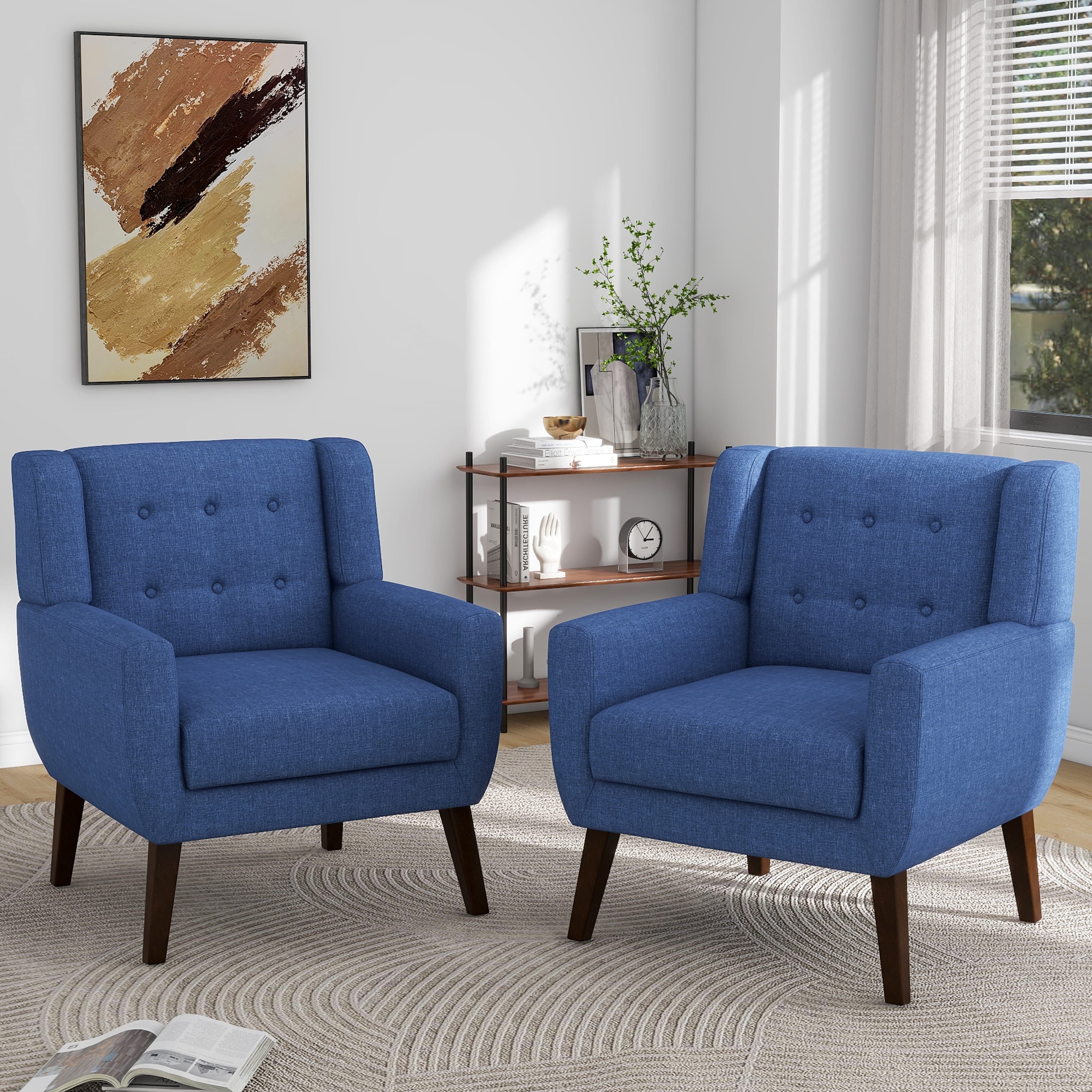 UIXE Blue Accent Chair Set of 2 Linen Upholstered Armchair Midcentury Modern Chair for Living Room Bedroom