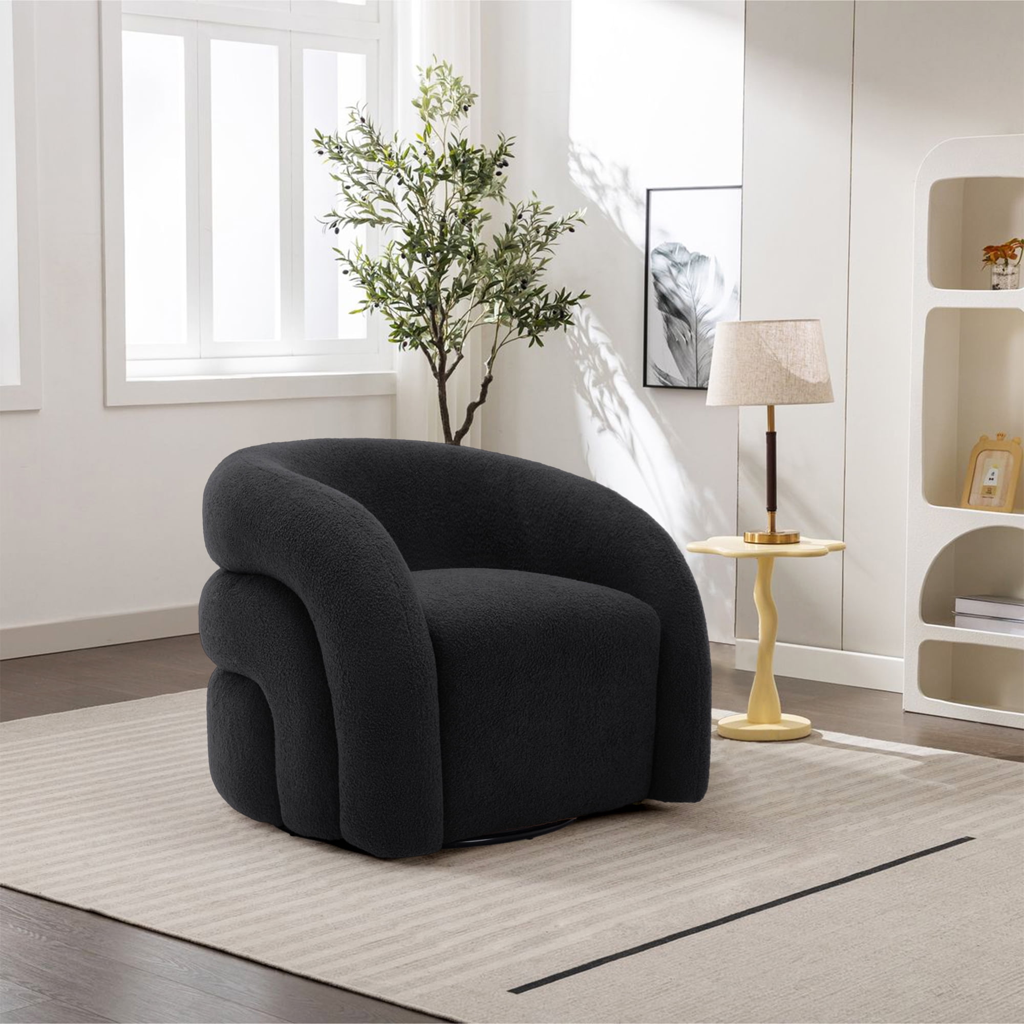 UIXE Boucle Swivel Accent Chair, No Assembly Small Comfy Round Barrel Armchair for Living Room, Black