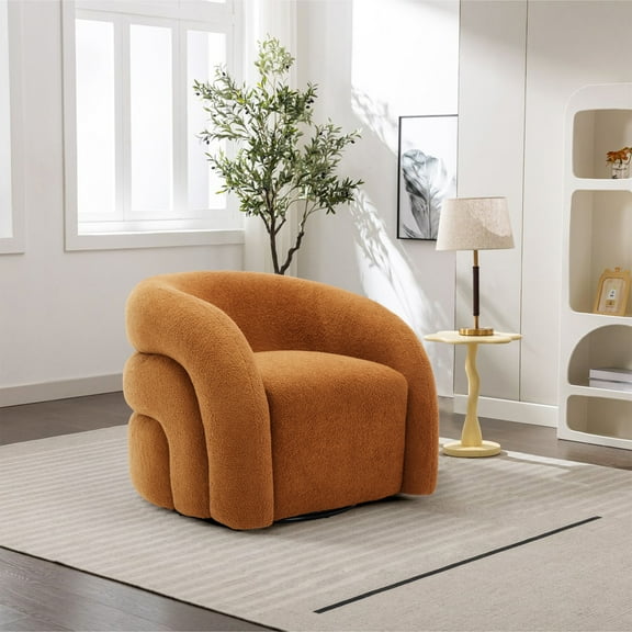 UIXE Boucle Swivel Accent Chair, No Assembly Small Comfy Round Barrel Armchair for Living Room, Rusted Orange