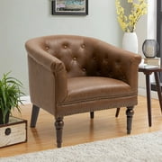 UIXE Brown Barrel Club Chair Modern Arm Accent Chair Comfy Faux Leather Upholstered Armchair