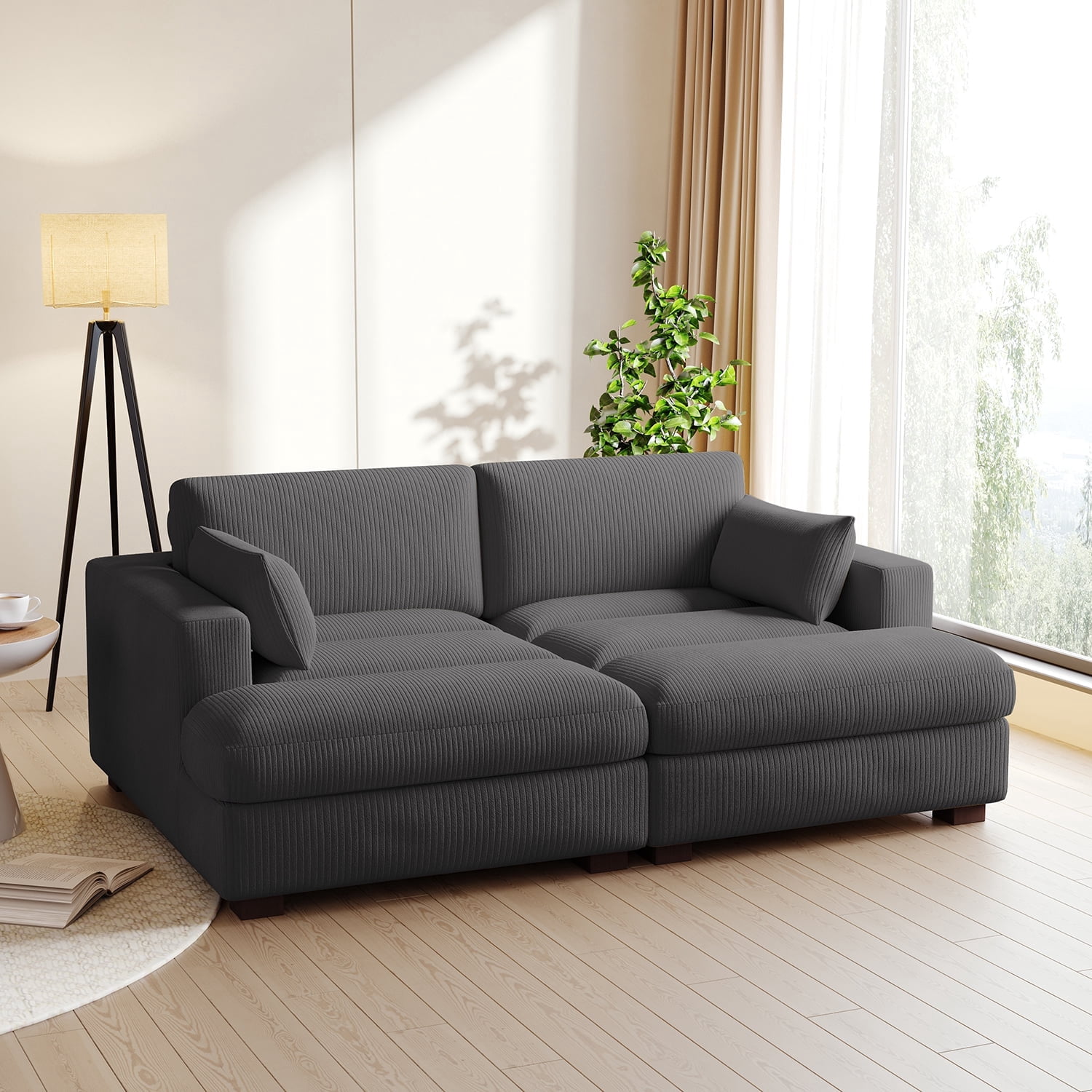 UIXE Chaise Lounge Indoor Upholstered Corduroy Sofa with Armrest for Living Room Bedroom, Gray