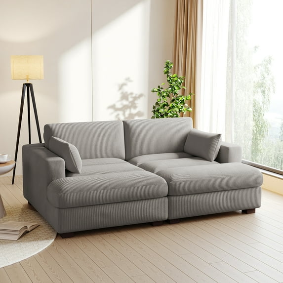 UIXE Chaise Lounge Indoor Upholstered Corduroy Sofa with Armrest for Living Room Bedroom, Light Gray