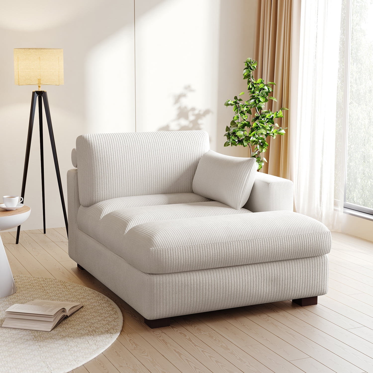 UIXE Chaise Lounge Indoor Upholstered Corduroy Sofa with Left Armrest for Living Room Bedroom, Beige