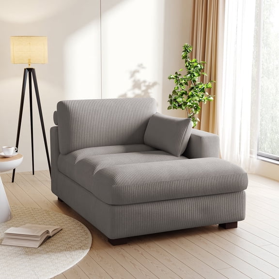 UIXE Chaise Lounge Indoor Upholstered Corduroy Sofa with Left Armrest for Living Room Bedroom, Light Gray