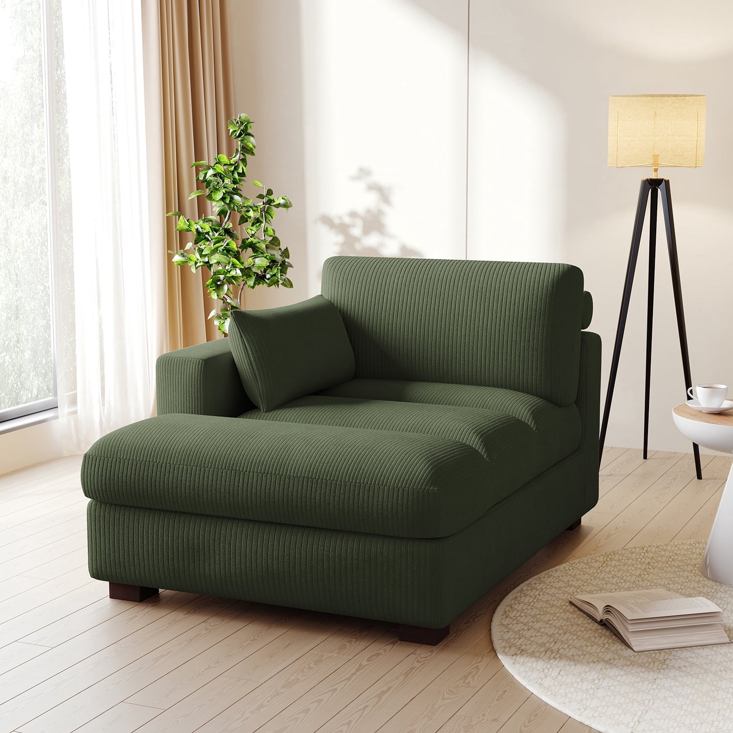 UIXE Chaise Lounge Indoor Upholstered Corduroy Sofa with Right Armrest for Living Room Bedroom, Green