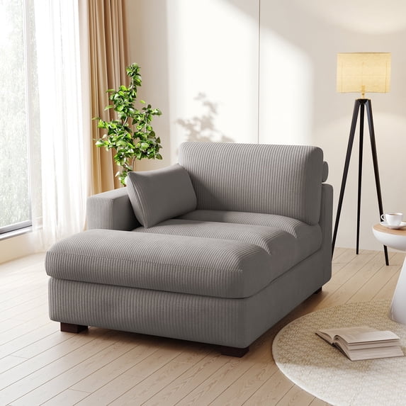 UIXE Chaise Lounge Indoor Upholstered Corduroy Sofa with Right Armrest for Living Room Bedroom, Light Gray