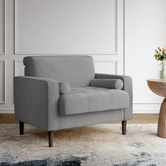 UIXE Corduroy Accent Chair Modern Upholstered Arm Chairs Comfy Reading Armchair with Pillow Armrest Tufted Living Room Single Sofa Lounge Seat, Light Gray
