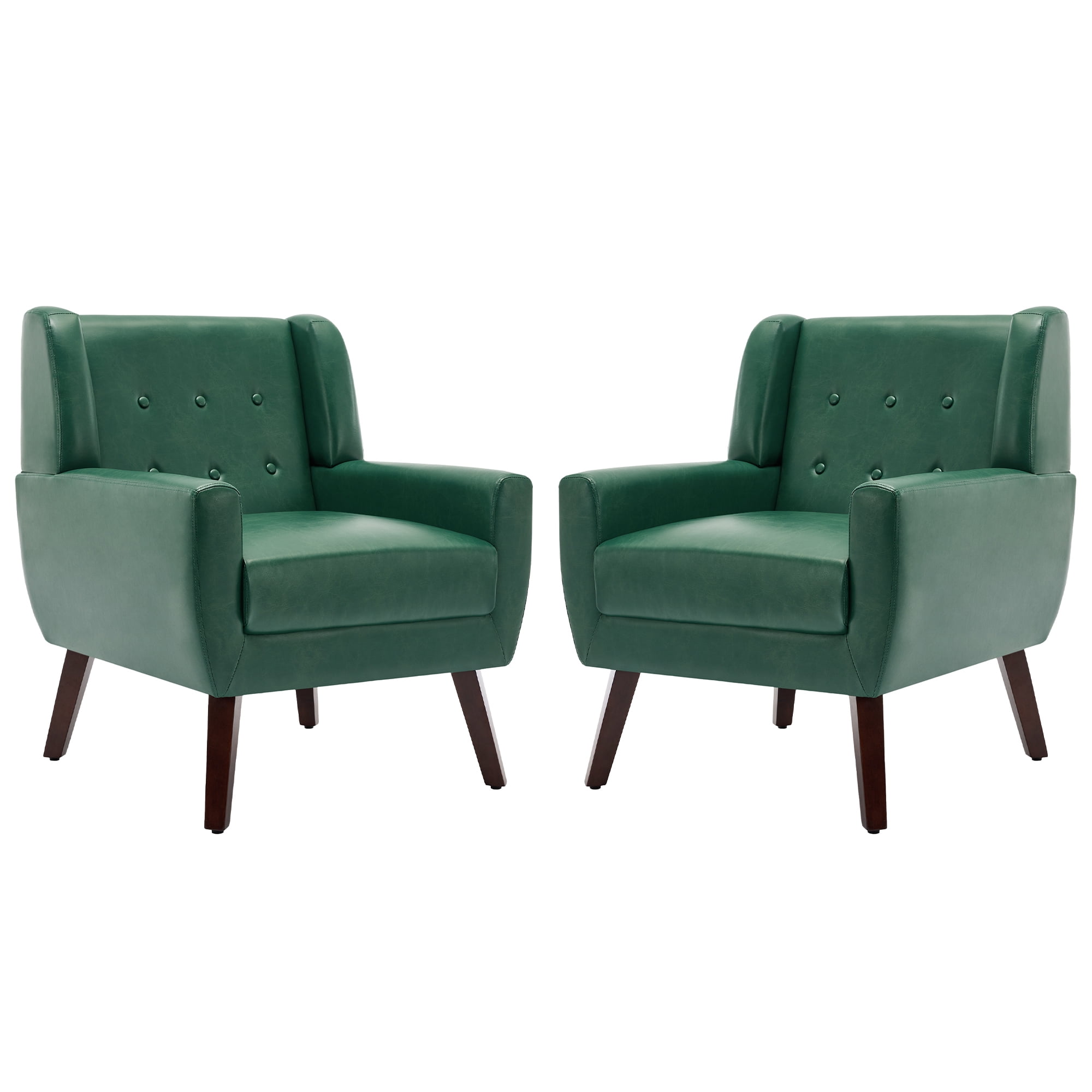 Green Faux Leather Barrel Accent Chair with Wood Legs, Set of 2