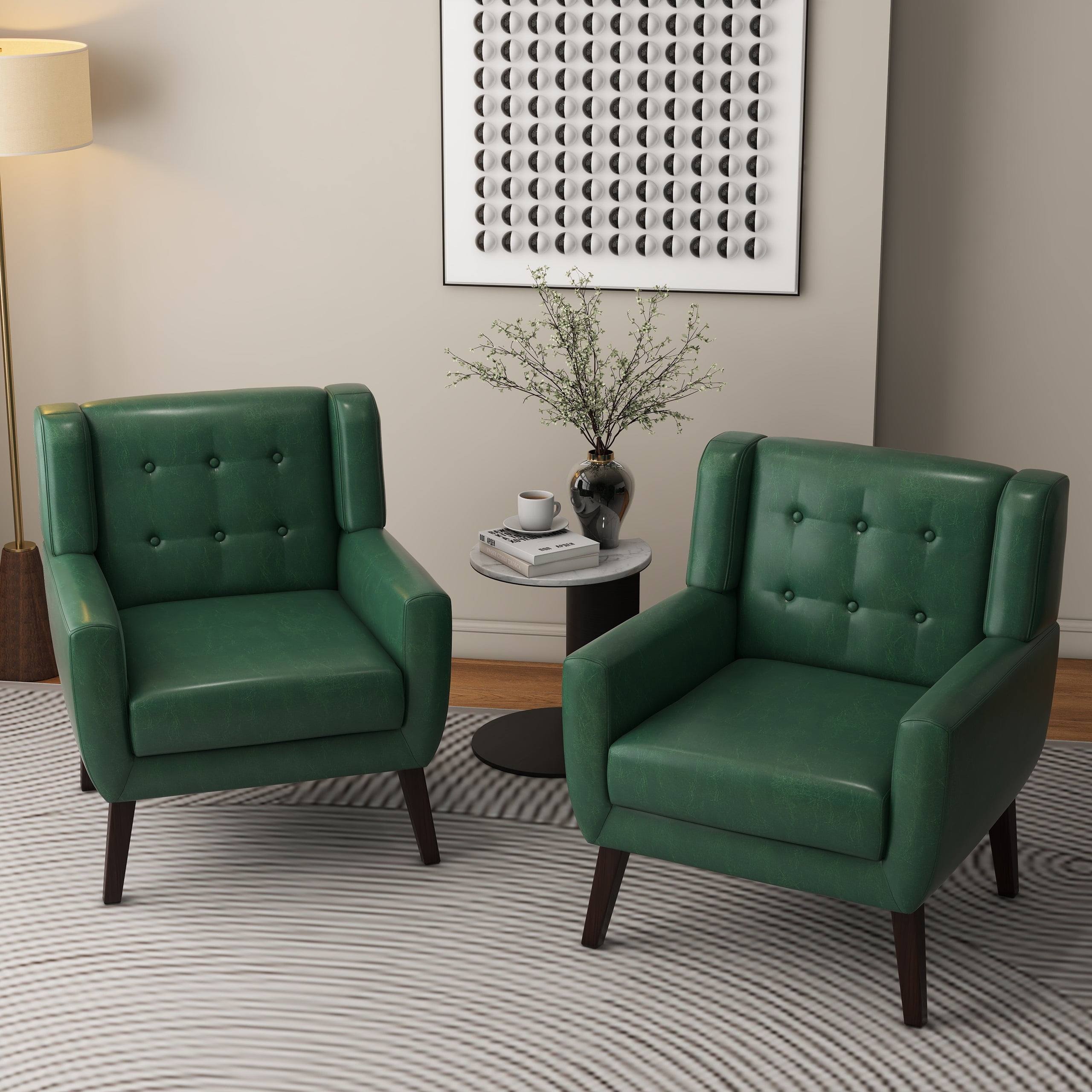 Green Faux Leather Barrel Accent Chair with Wood Legs, Set of 2