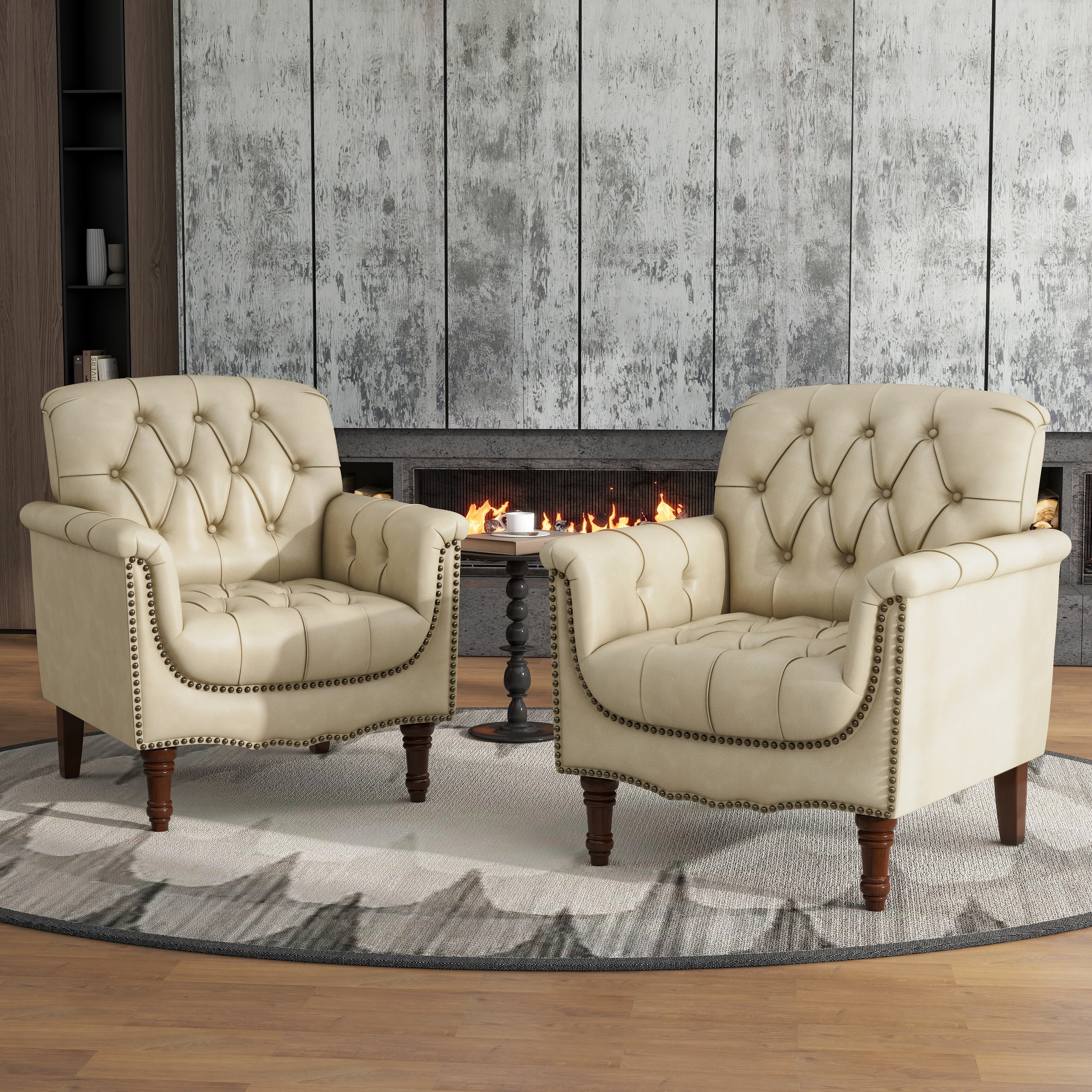 Beige Faux Leather Barrel Accent Chair with Wood Legs, Set of 2