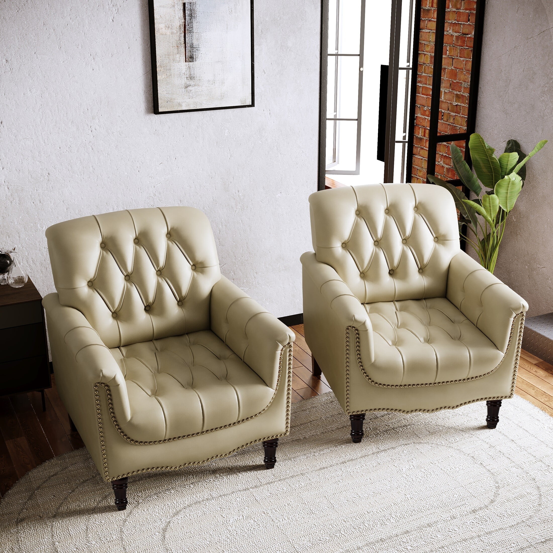 Beige Faux Leather Barrel Accent Chair with Wood Legs, Set of 2