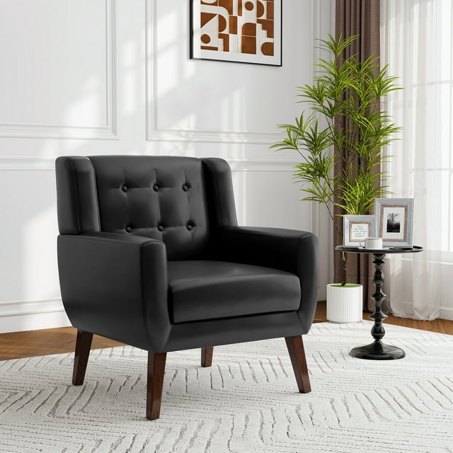 UIXE Faux Leather Accent Chair Comfortable Armchair Modern Upholstered Living Room Chair, Black