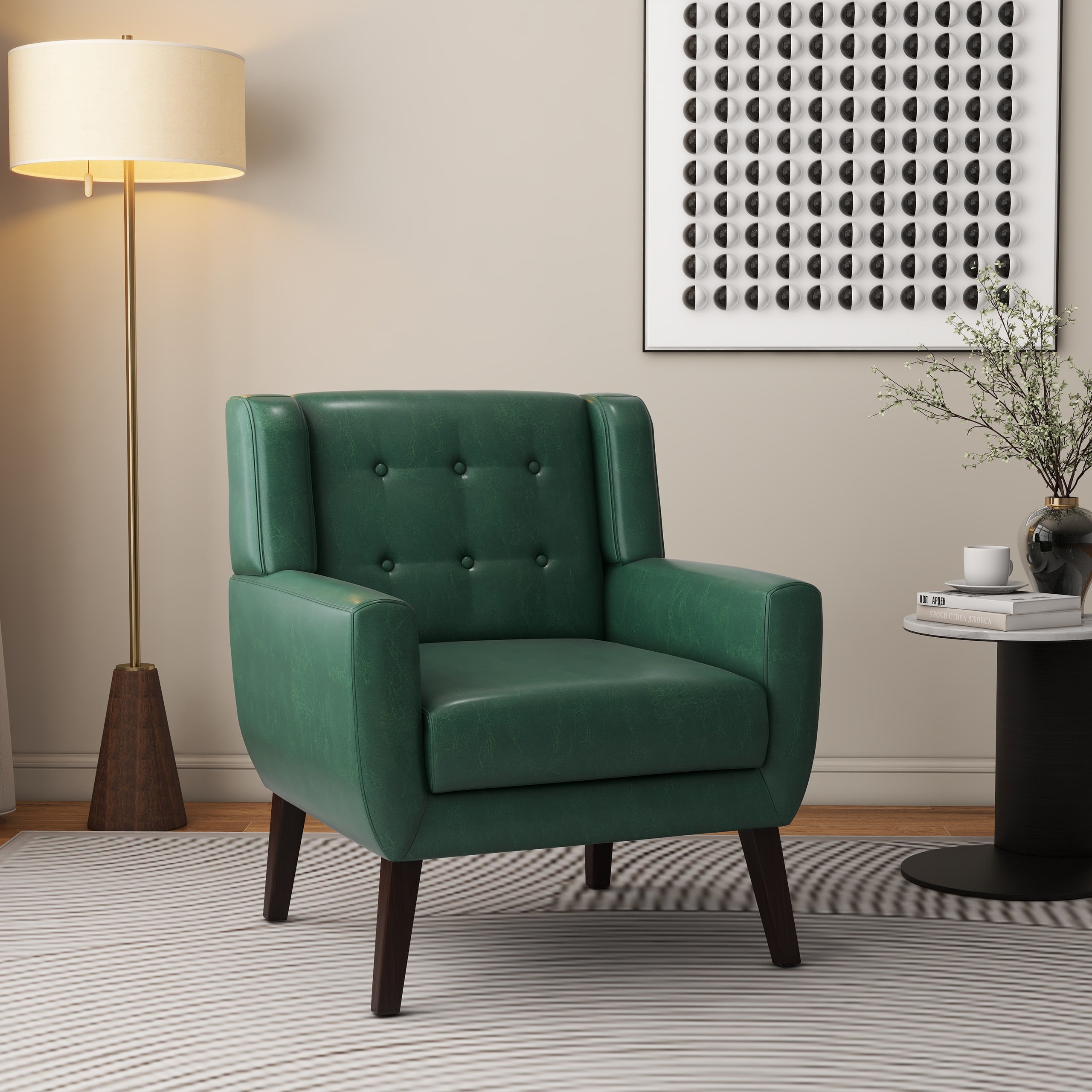 Green Faux Leather Barrel Accent Chair with Wood Legs