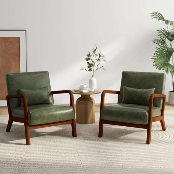 UIXE Faux Leather Accent Chairs Set of 2 Upholstered Comfortable Arm Chair with Lumbar Pillow Armchair for Home Bedroom, Hunter Green Dark