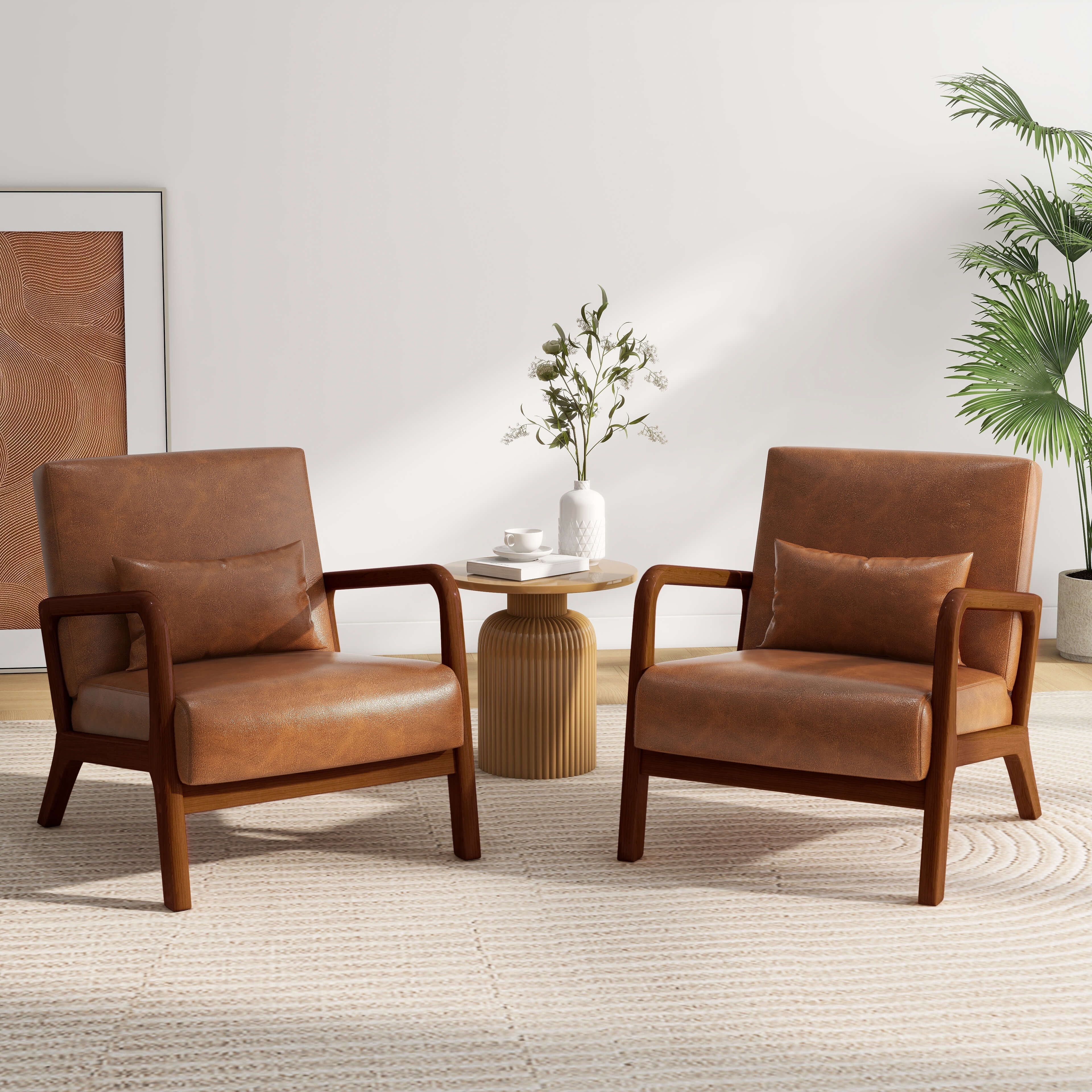 Light Brown Faux Leather and Wood Accent Chair Set