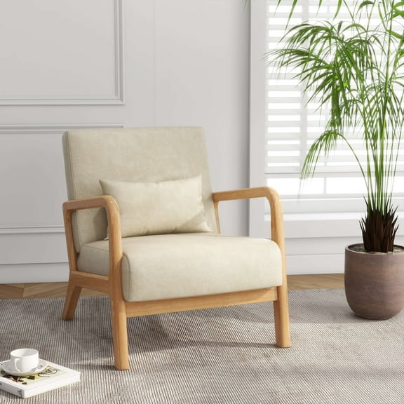 UIXE Faux Leather Accent Chairs Upholstered Comfortable Arm Chair with Lumbar Pillow Armchair for Bedroom, Cream