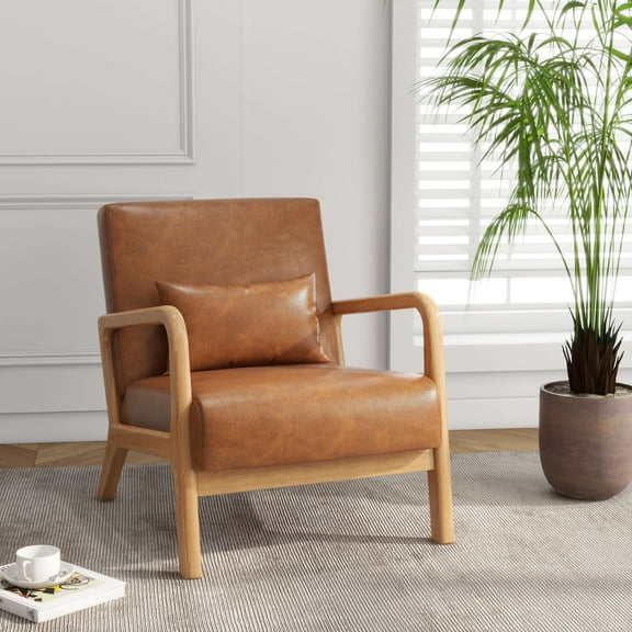 UIXE Faux Leather Accent Chairs Upholstered Comfortable Arm Chair with Lumbar Pillow Armchair for Bedroom, Light Brown