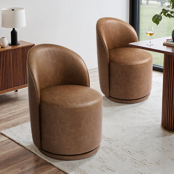 UIXE Faux Leather Swivel Dining Chairs Set of 2, Upholstered Kitchen & Dining Room Barrel Accent Chair, Contemporary Round Makeup Vanity Side Seats for Bedroom Living Room - Brown