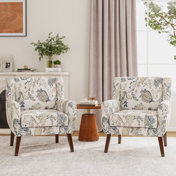 UIXE Floral Accent Chair Set of 2 Modern Arm Chair Comfy Upholstered Reading Accent Chairs for Bedroom, Pattern Leaf