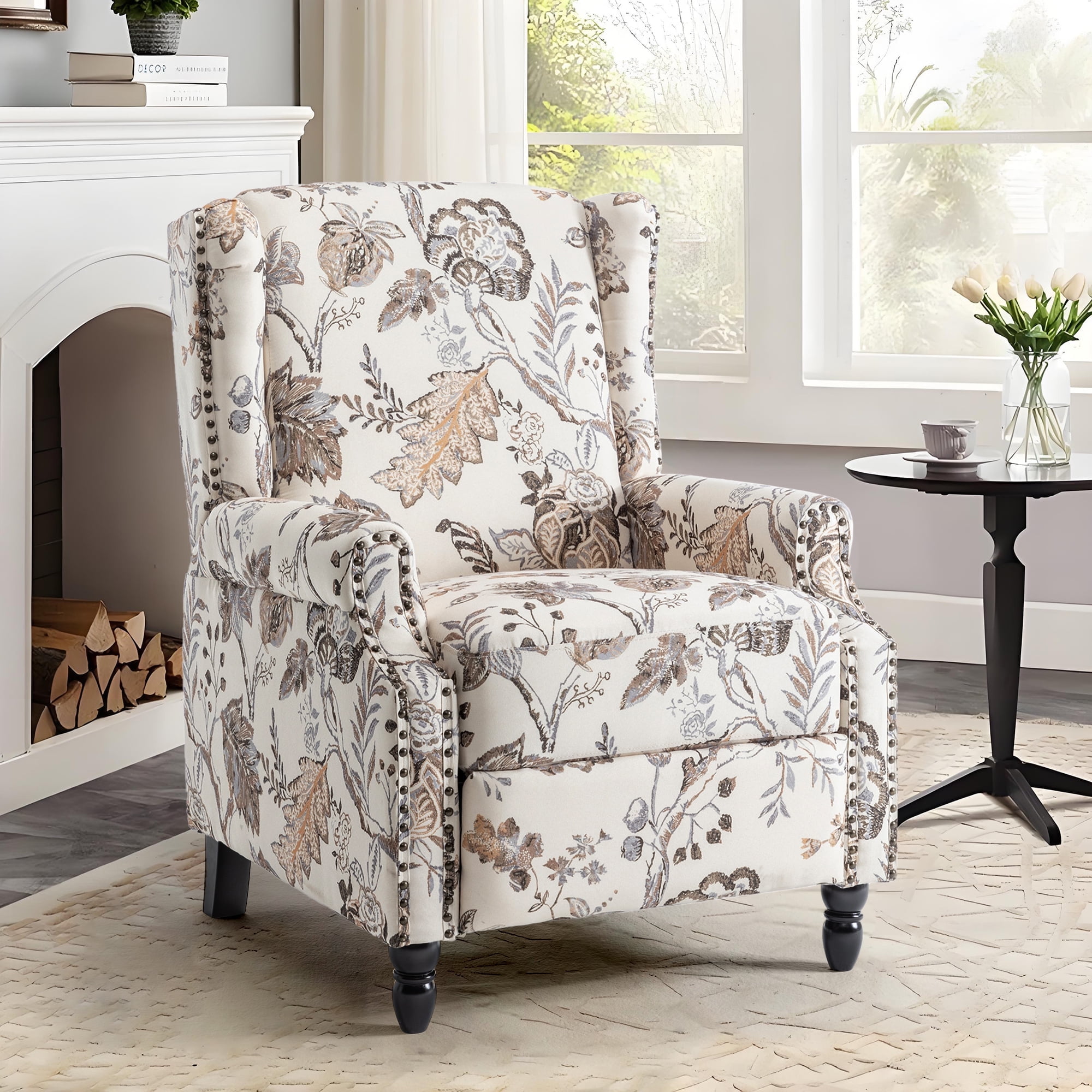 UIXE Floral Pushback Recliner Chair, Fabric Upholstered Armchair Push Back Accent Chair for Living Room, Rivet Trim Club Chair Home Theater Single Sofa Reading Seat, Plants Beige