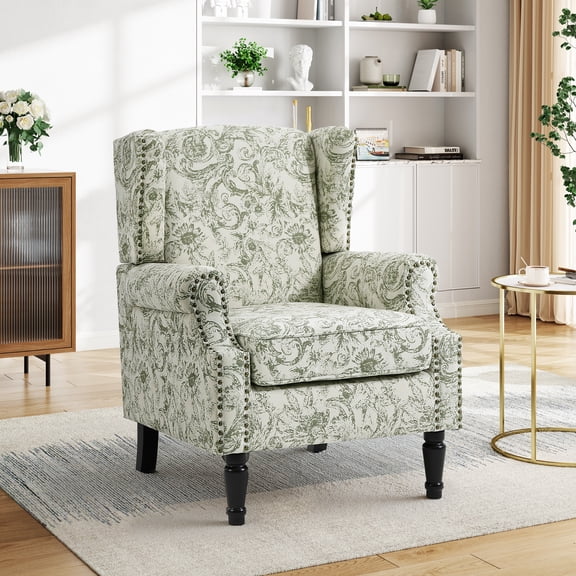UIXE High Back Accent Chair, Fabric Upholstered Armchair for Living Room, Floral Printed Wingback Arm Chair with Solid Wood Legs, Retro Nailhead Trim Single Sofa Bedroom Reading Seat - Rococo Green