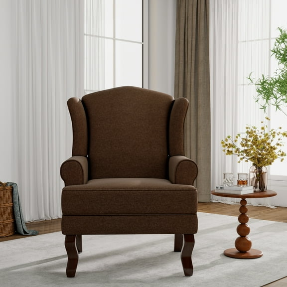 UIXE High Back Accent Chair for Living Room, Comfy Upholstered Arm Chair in Fabric with Retro Solid Wooden Legs, Traditional Armchair Single Sofa Reading Seat, Brown