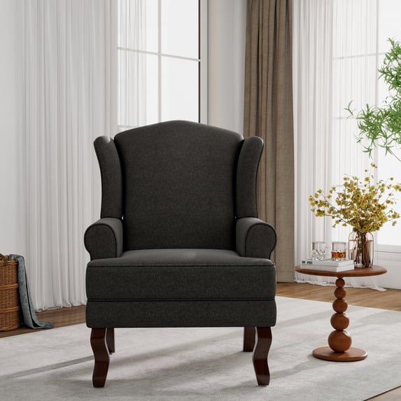 UIXE High Back Accent Chair for Living Room, Comfy Upholstered Arm Chair in Fabric with Retro Solid Wooden Legs, Traditional Armchair Single Sofa Reading Seat, Dark Gray