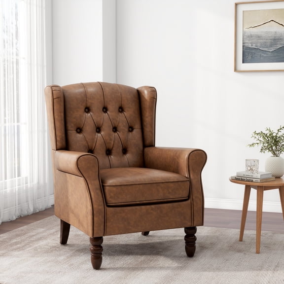 UIXE High Back Accent Chair, PU Leather Upholstered Armchair for Living Room, Wingback Arm Chair, Brown