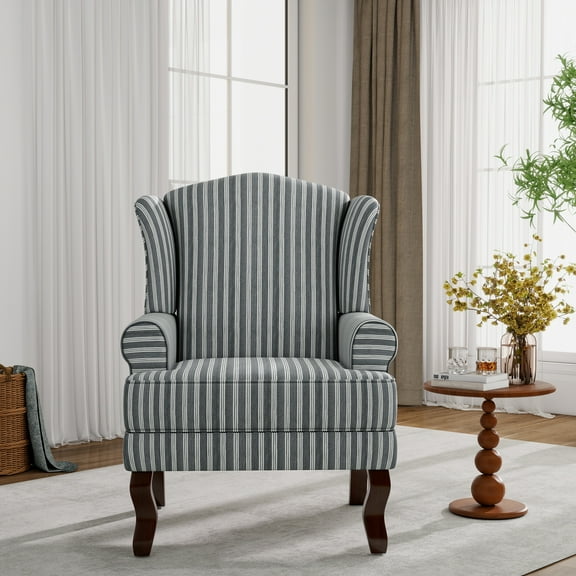 UIXE High Back Accent Chair, Upholstered Armchair in Fabric with Solid Wood Legs, Retro Arm Chair Comfy Single Sofa Reading Seat for Living Room, Stripe Gray