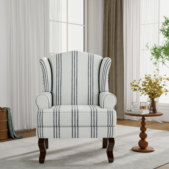 UIXE High Back Accent Chair, Upholstered Armchair in Fabric with Solid Wood Legs, Retro Arm Chair Comfy Single Sofa Reading Seat for Living Room, Stripe Navy